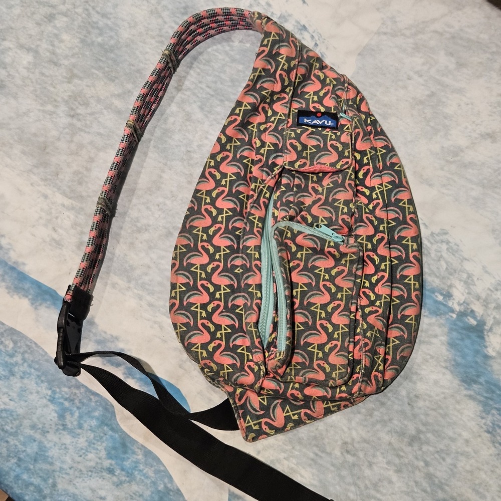 KAVU Original Rope Sling Bag Pink Flamingo Print Crossbody Backpack